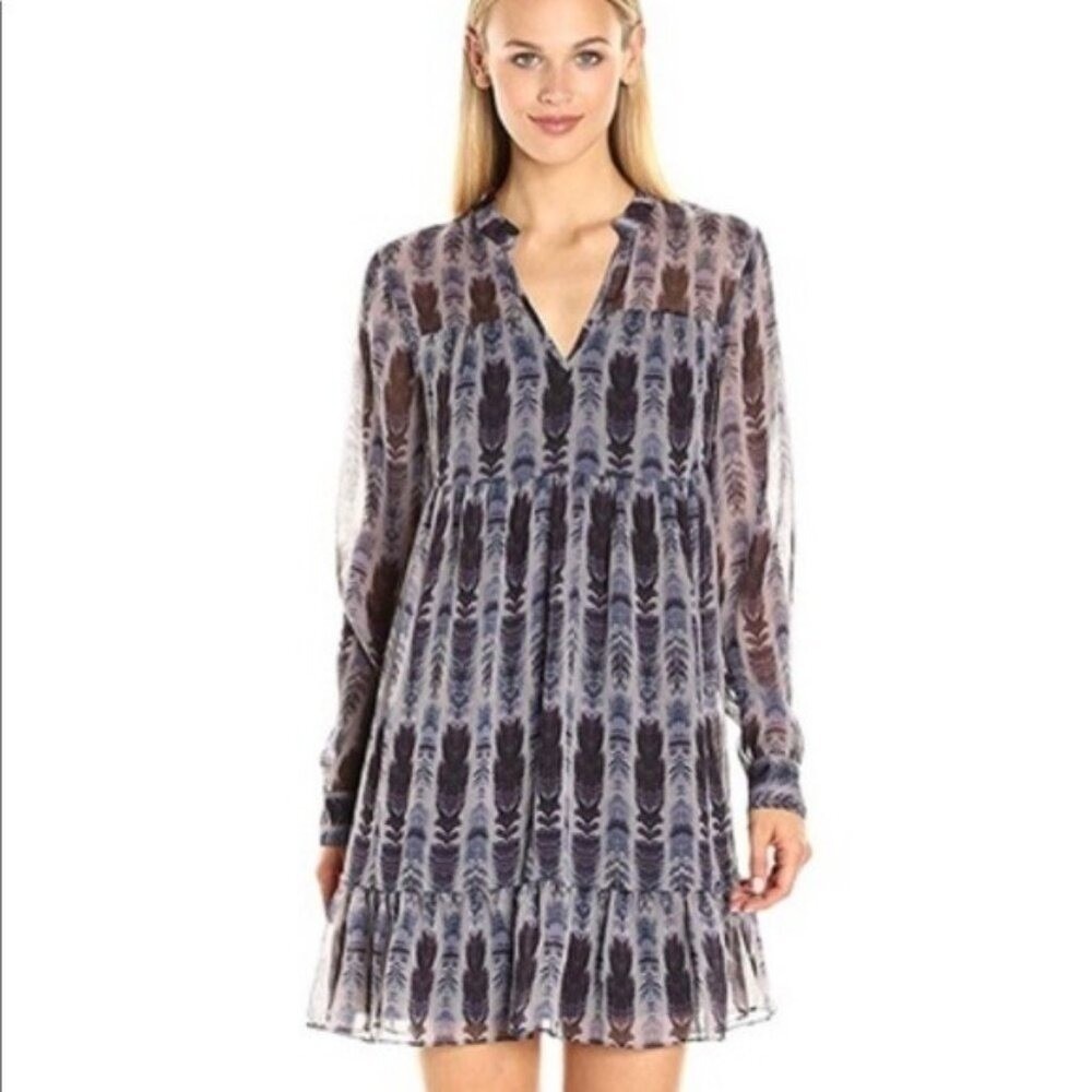 BCBGeneration Tiered Boho‎ Festival Feather‑Print Overlay Mini Dress - Size M